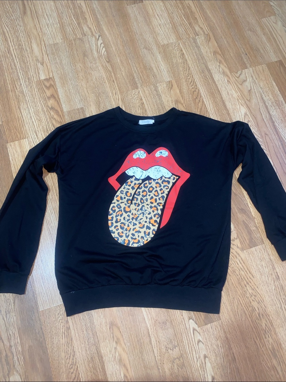 Men's Black Crewneck Sweater with Red Leopard Tongue Graphic